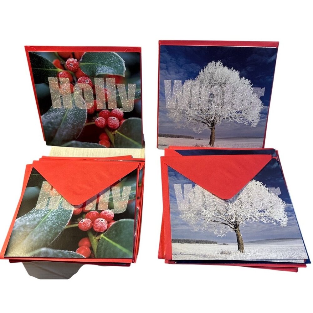 Holly & Winter Glitter Holiday Cards Set With Red Envelopes Set of 18 Beautiful